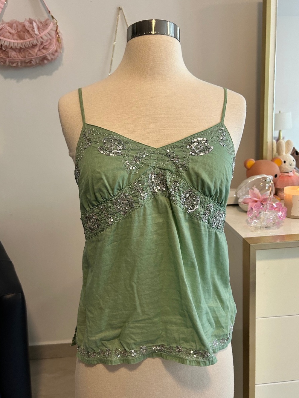 American Eagle Outfitters Y2K Green Sequin-Embellished Camisole